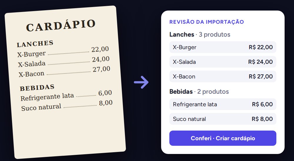 Cardápio impresso ao lado da tela de revisão da importação, com categorias e produtos já preenchidos