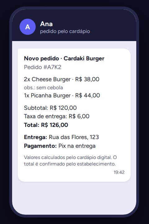 Pedido recebido no WhatsApp com itens, total, endereço de entrega e forma de pagamento